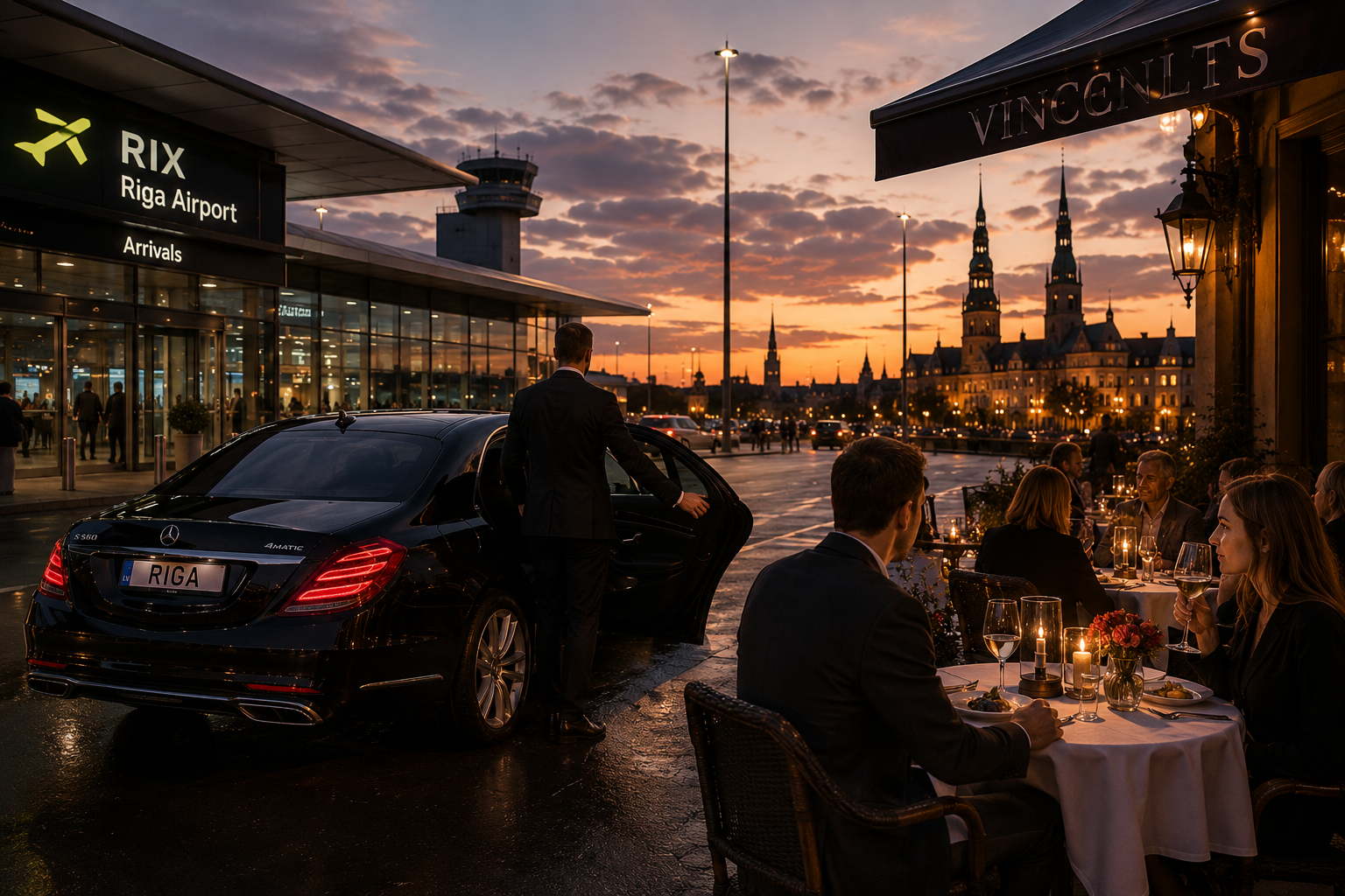 Private car waiting at Riga Airport arrivals at dusk and evening fine dining in Riga Old Town
