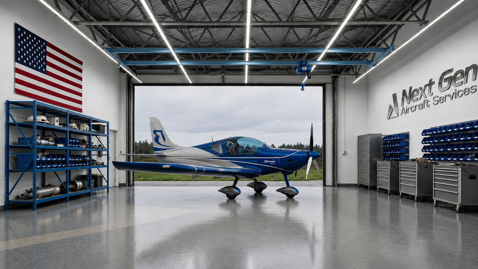 Next Gen Aircraft Services hangar in Florida with a Belmont aircraft