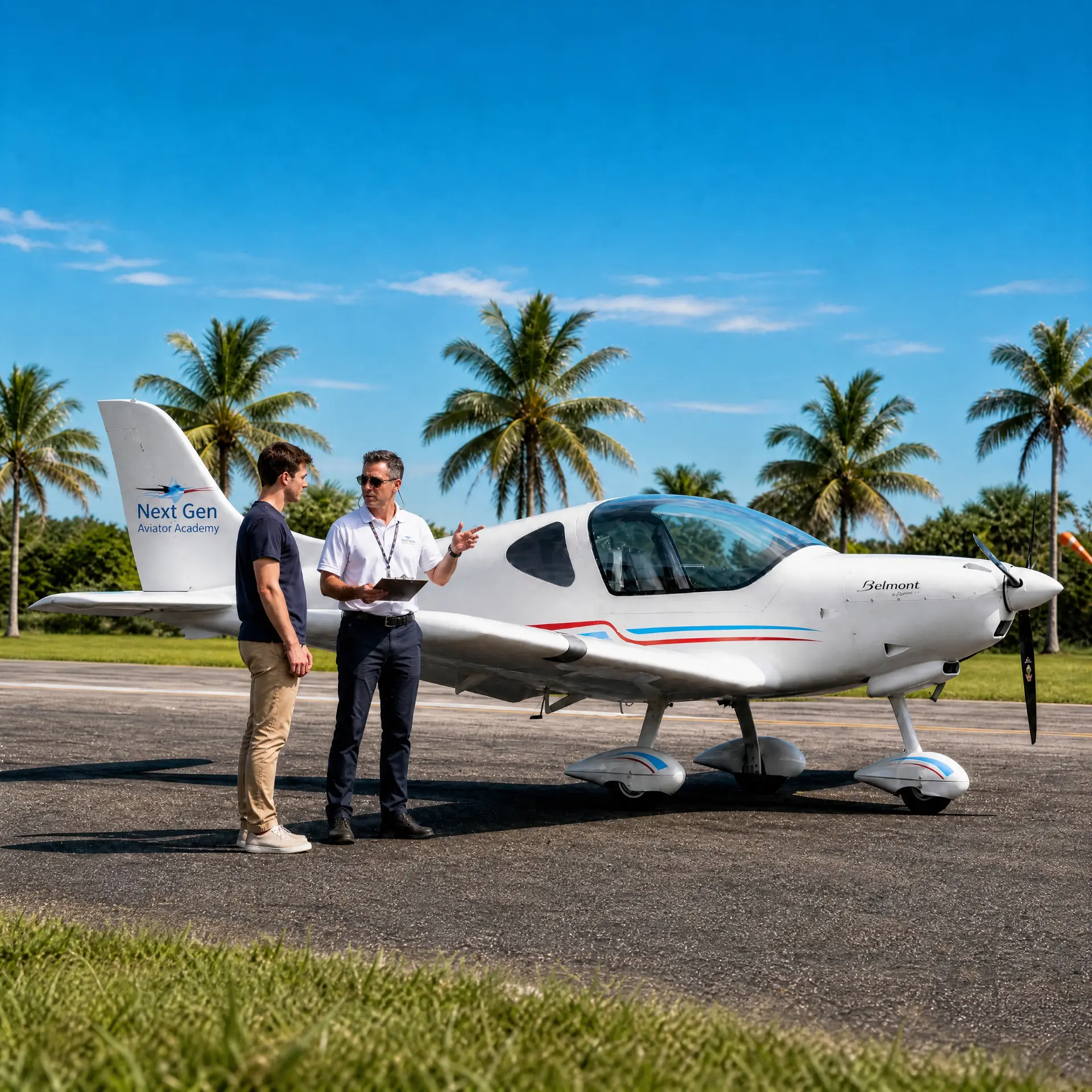 Next Gen Aviator Academy instructor briefing a pilot beside a Belmont aircraft in Florida
