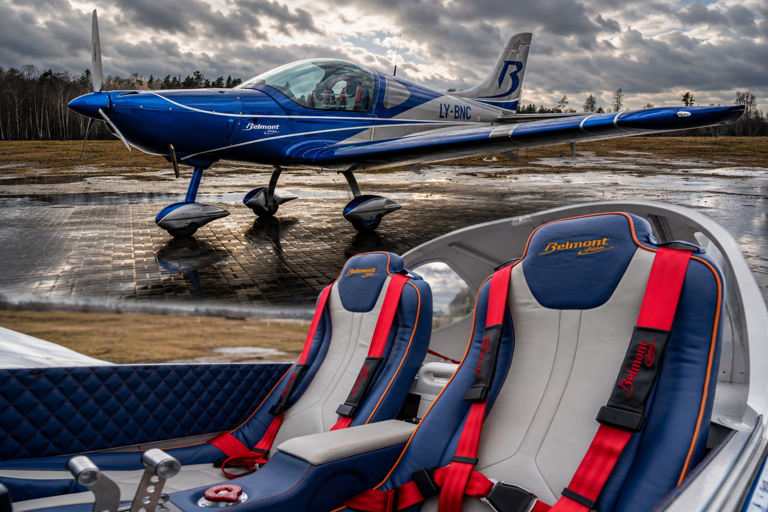 Finished blue Belmont on the ramp with its custom leather cockpit interior