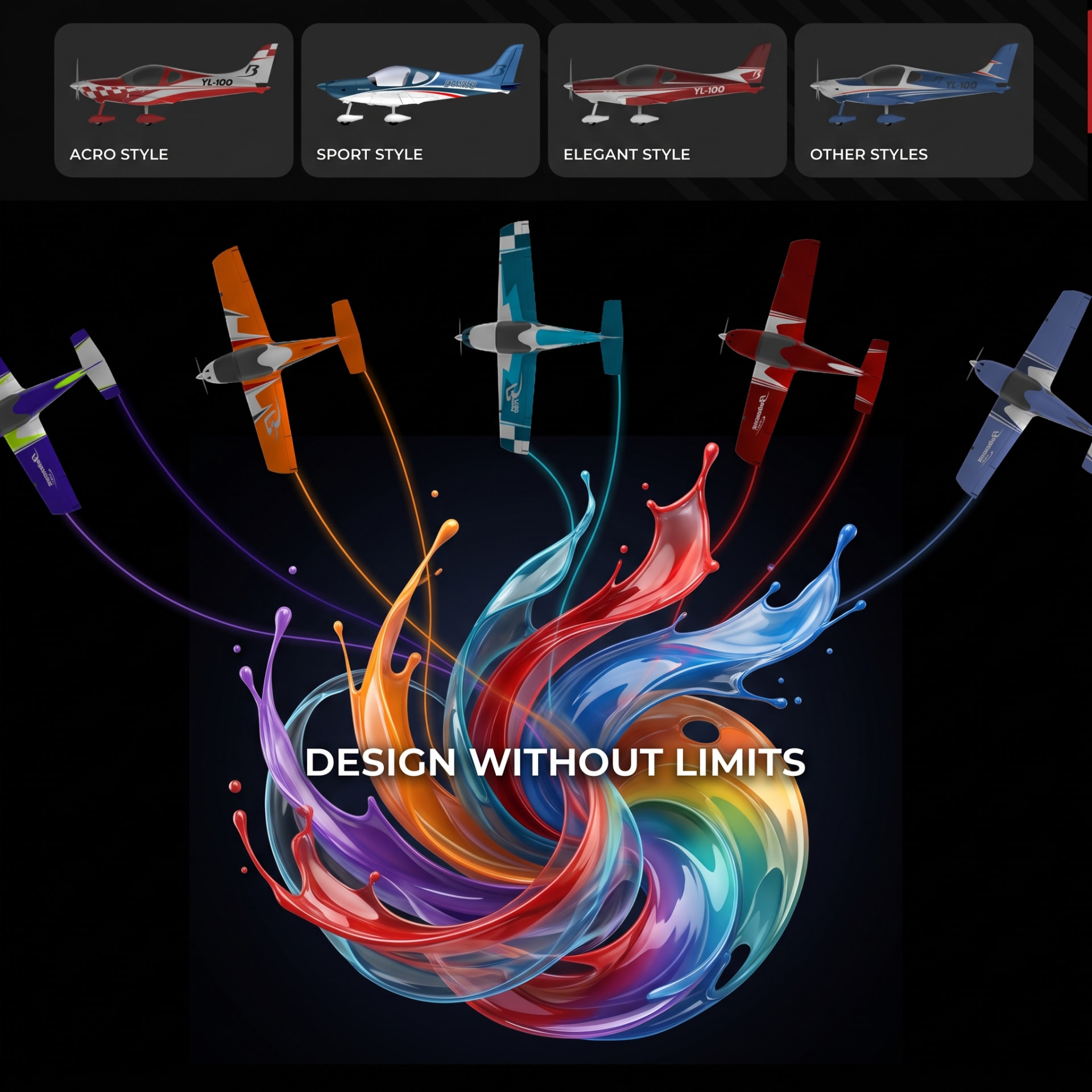 Belmont aircraft in custom liveries above a swirl of paint colors