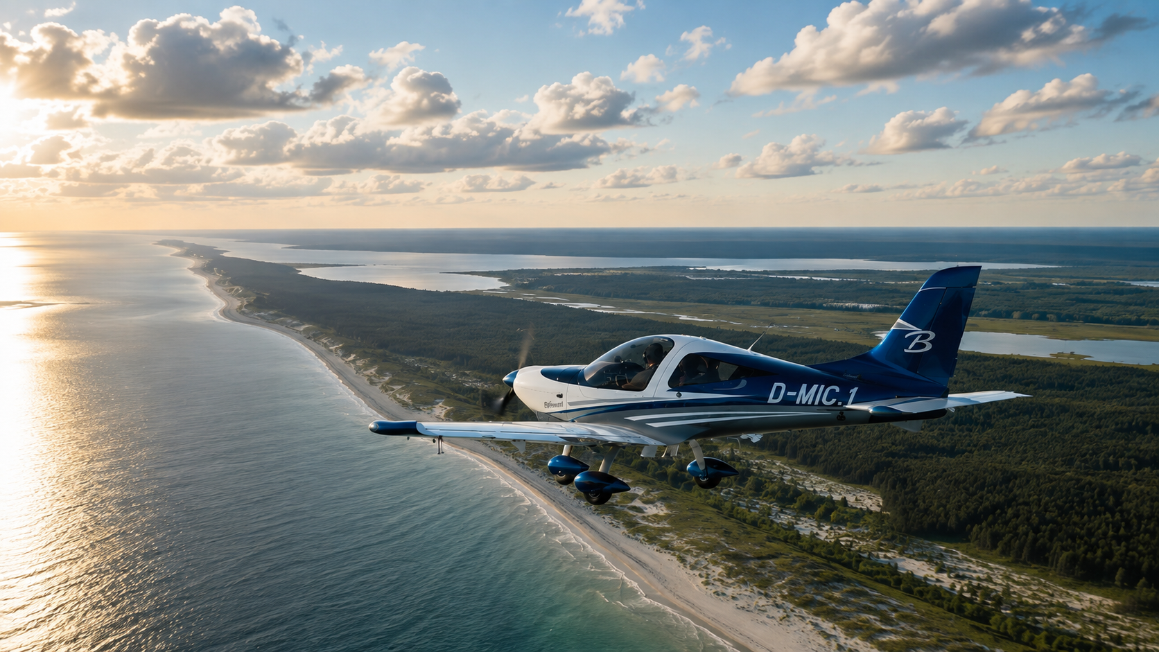 Belmont DW200 in flight along the Baltic coastline