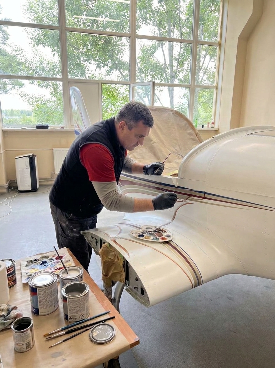 Craftsman hand-painting a Belmont aircraft with fine detail and custom colors