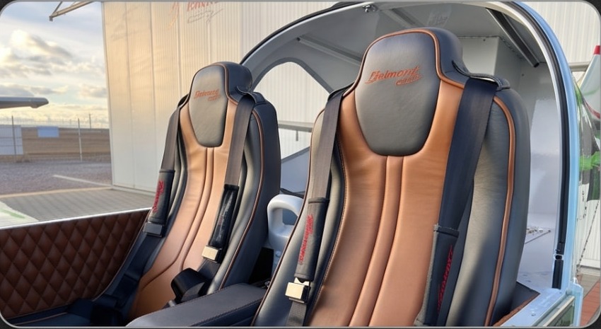 Tan and navy leather Belmont seats with contrast piping
